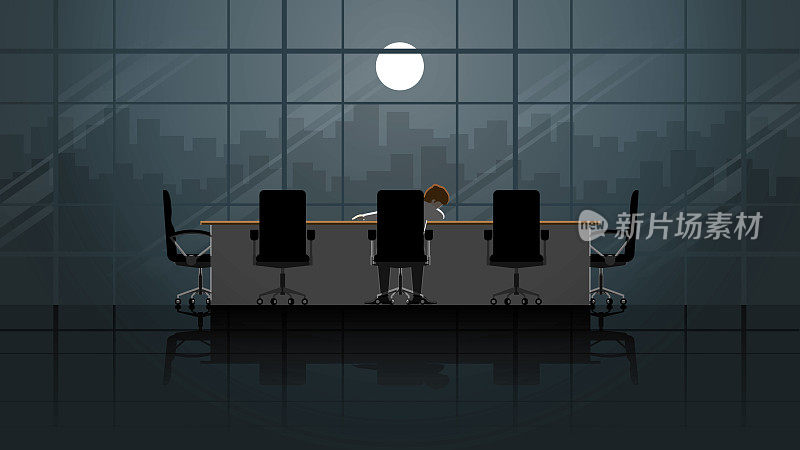 一个办公室的人晚上坐在办公室的会议室里睡觉。独自一人在黑暗和满月的灯光下。城市里孤独的人。努力工作、加班和过度工作的生活方式。概念概念场景。