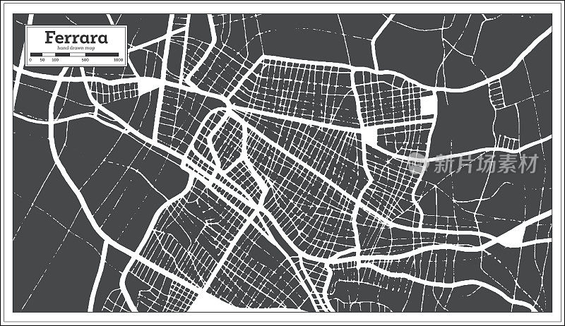 费拉拉意大利城市地图黑白复古风格。略图。
