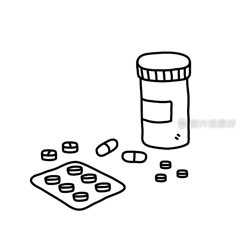 处方药品和药品涂鸦，手绘各种医用药片和药丸矢量涂鸦插图，孤立在白色背景上。