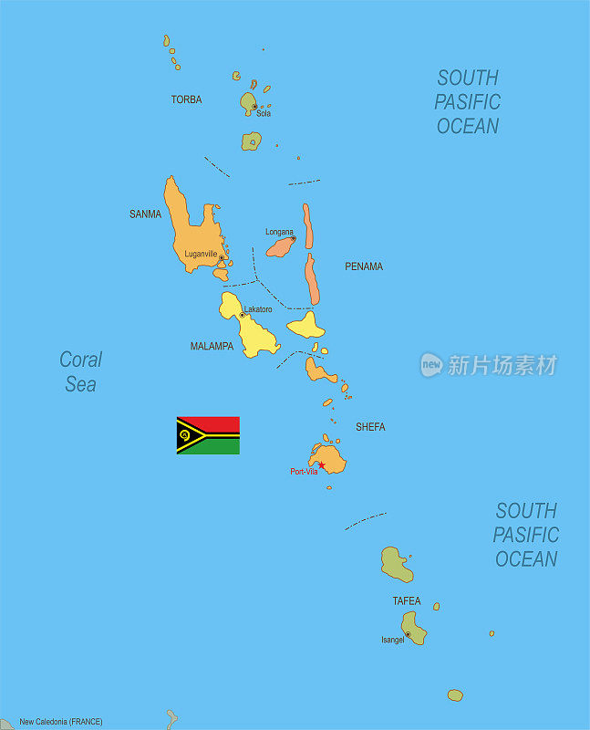 带有旗帜的瓦努阿图平面地图