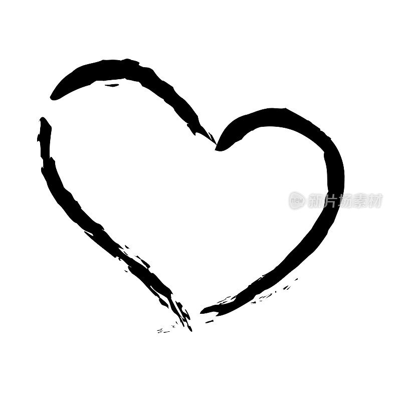 黑色笔触心脏图标在手绘风格。垃圾心形孤立在白色背景。
