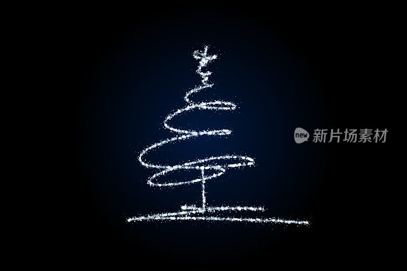 风格化的圣诞树由白色的灯在黑暗的背景。神奇的仙尘，闪耀的星尘。