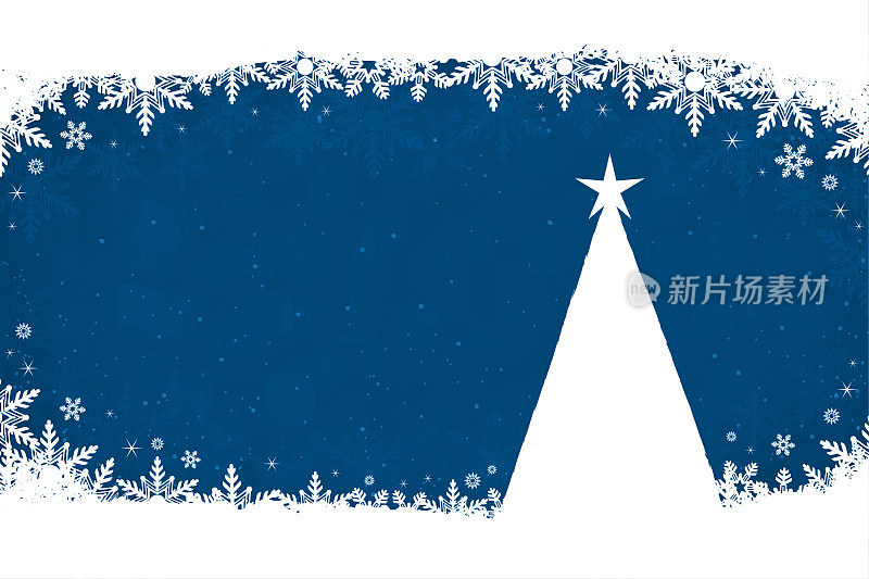 闪闪发光的圣诞矢量背景与一棵树和星星在顶部超过一个深蓝色的背景与白色的雪花在顶部和底部
