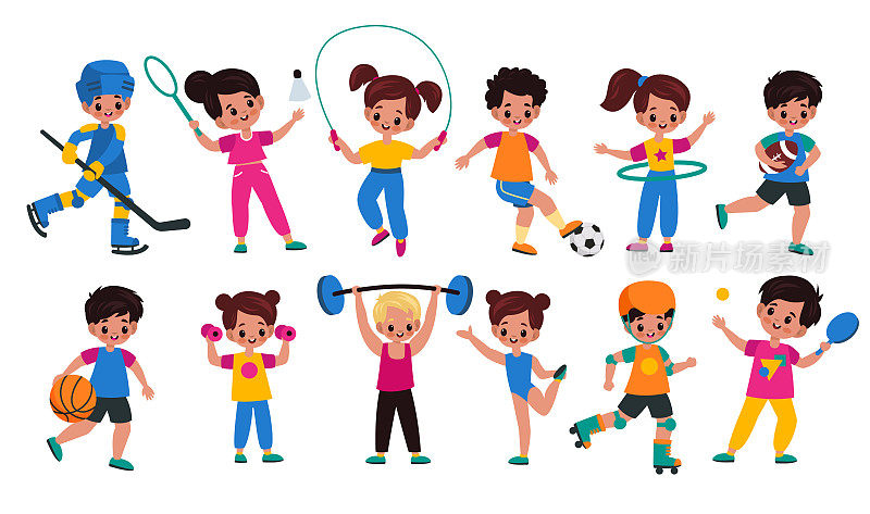 体育运动的孩子。孩子有运动属性，男孩和女孩有不同的球，健身配件和球拍。年轻的角色打曲棍球、网球和篮球。卡通向量组