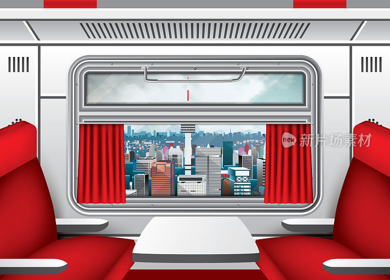 火车车厢内部有窗户，红色窗帘和座位和桌子。城市的天际线。坐火车旅行。