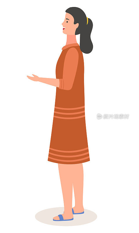 年轻的黑发女孩的形象，穿着传统的衣服和弯曲的手臂。穿着棕色衣服的中国女孩