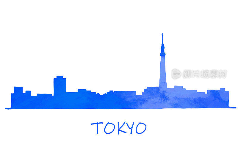 东京城市景观天际线彩色水彩