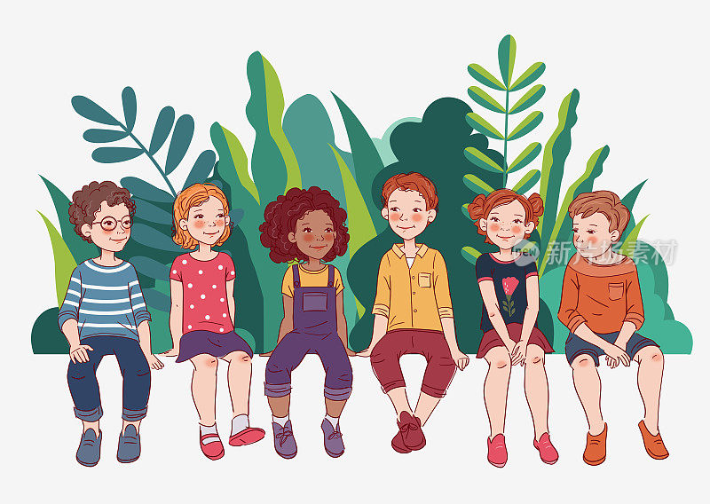 一群友善的孩子坐在白板上。快乐的男孩和女孩。生态友好型生态理念。自然保护向量图解。暑假