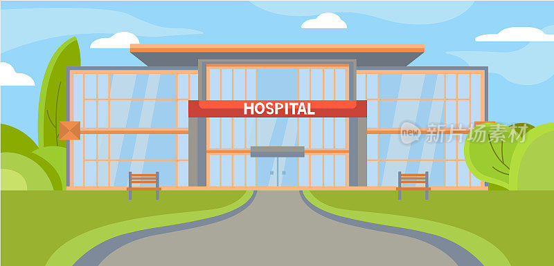医院外。为市卫生所治疗。入口,全景。平坦的插图。玻璃外墙的建筑。医疗救助紧急医疗保健