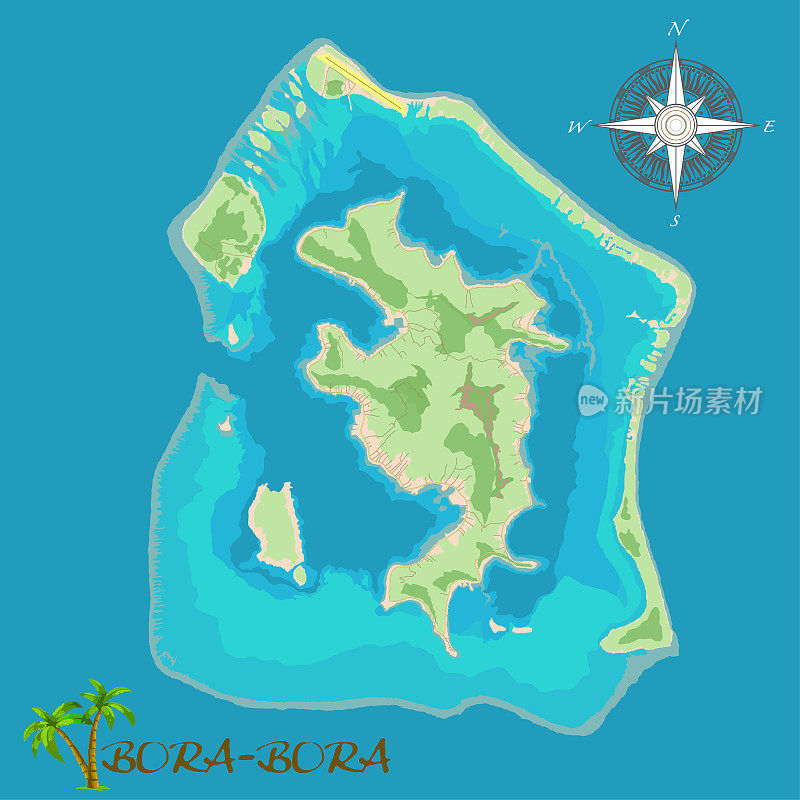 波拉波拉岛。现实的卫星背景地图与道路和机场位置。精确地绘制。鸟瞰。