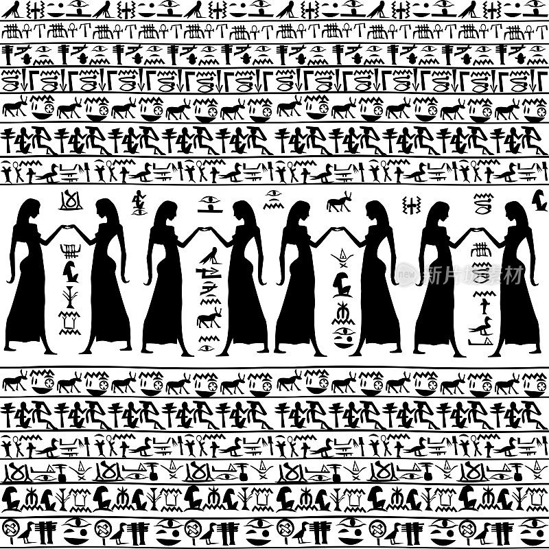 黑色和白色的背景与埃及妇女和象形文字