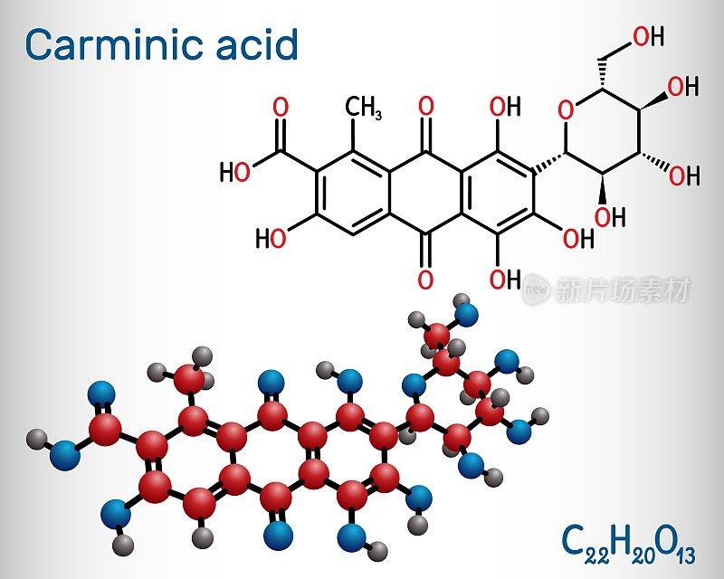 胭脂红酸分子。它是сoloring物质，红葡萄糖苷羟基氰嘌呤。它被用于食品和药品。结构化学式和分子模型