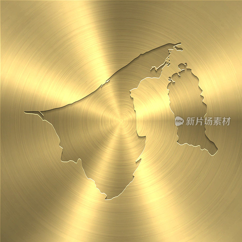 文莱地图上的黄金背景-圆形拉丝金属纹理