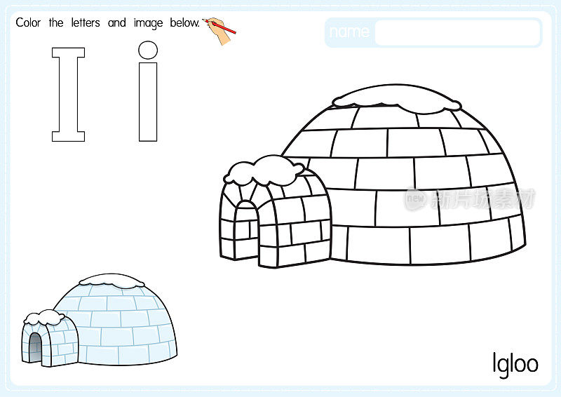矢量插图的儿童字母着色书页与概述剪贴画，以颜色。字母I代表冰屋。