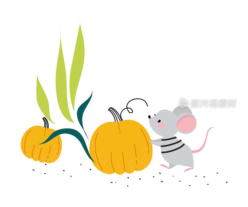 可爱的老鼠农场动物在农场推南瓜矢量插图