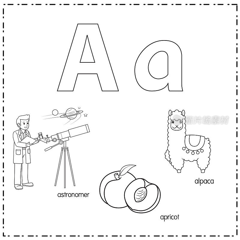 向量插图学习字母A的小写和大写的儿童与3卡通图像。天文学家杏子羊驼。