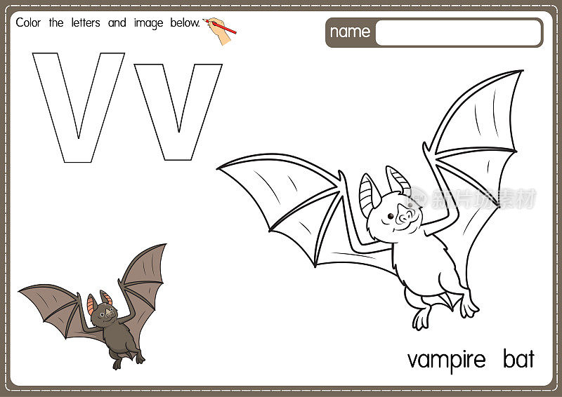 矢量插图的儿童字母着色书页与概述剪贴画，以颜色。字母V代表吸血蝙蝠。