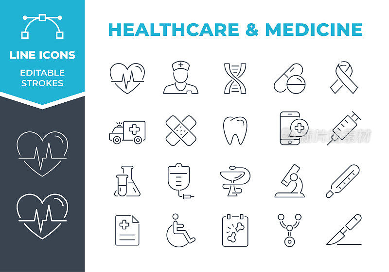 医疗保健和医药-线图标。可编辑的中风。向量股票插图
