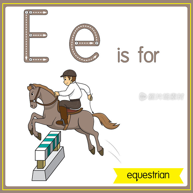 矢量插图学习字母为儿童与卡通形象。字母E代表马术。