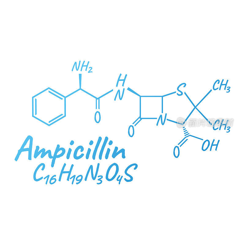 氨苄西林抗生素化学配方和组成，概念结构药物，白色背景孤立，矢量图。