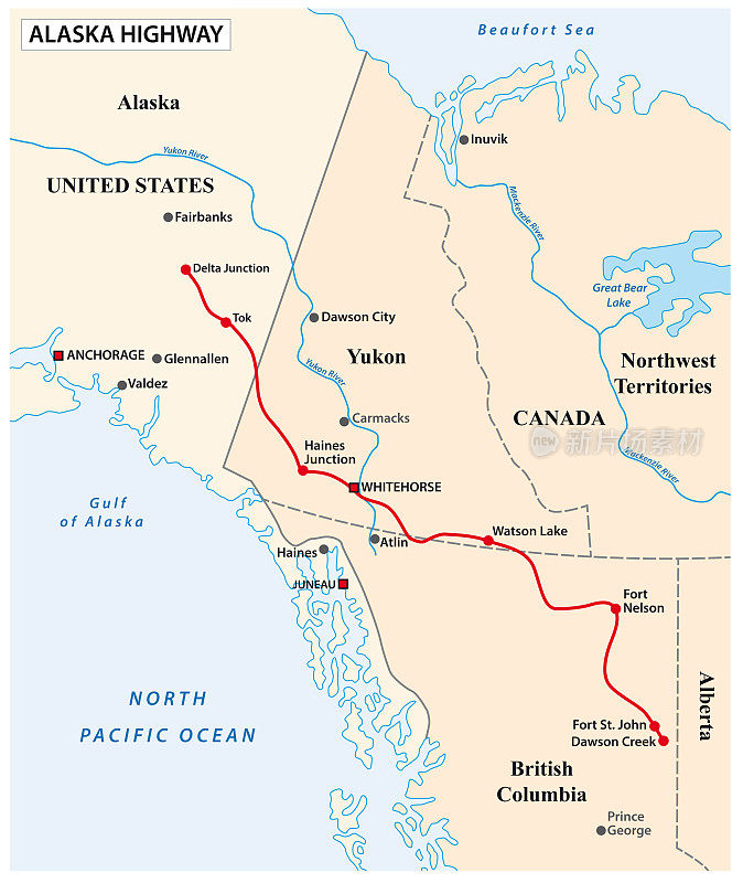 阿拉斯加高速公路的矢量地图，美国，加拿大