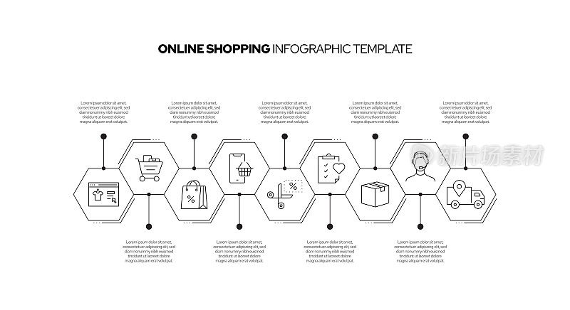 网上购物概念矢量线信息图形设计图标。9选项或步骤的介绍，横幅，工作流程布局，流程图等。