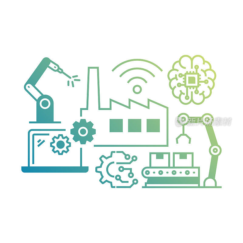 插图工业4.0概念的向量集。线条艺术风格背景设计网页，横幅，海报，印刷等。矢量插图。
