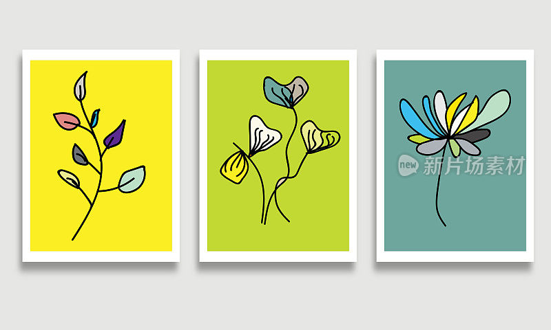 矢量手绘线花和叶植物元素手工图案颜色横幅插图背景