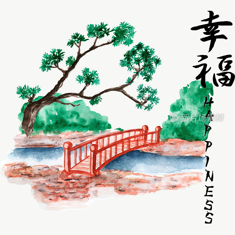 插图水彩日本风格明信片与景观动物和竹子。传统的日本水墨画在白色的背景上。包含象形文字。