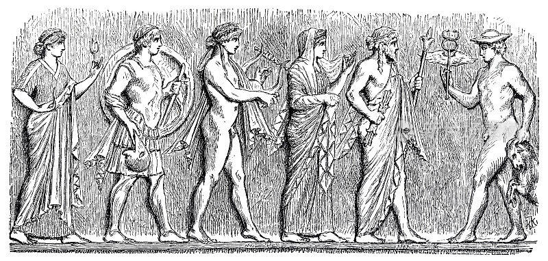 阿芙罗狄蒂，阿瑞斯，阿波罗，赫拉，宙斯，赫尔墨斯――希腊祭坛上的浮雕