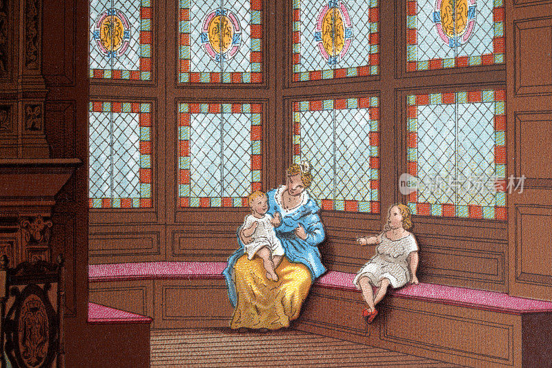 伊丽莎白时代的年轻母亲和孩子们坐在有彩色玻璃的凸窗，16世纪的男爵住宅
