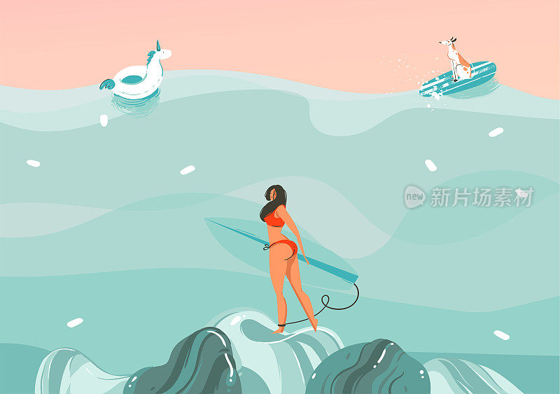 手绘矢量股票抽象图形插图与一个有趣的日光浴冲浪女孩与狗在海浪景观，游泳和冲浪孤立的颜色背景