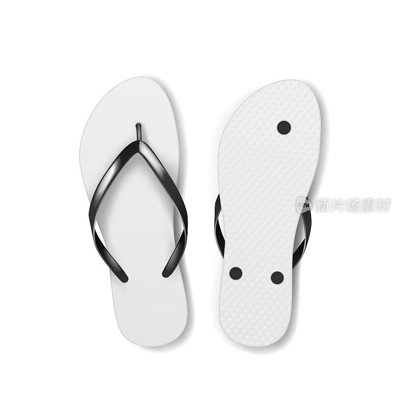 一对触发器白色孤立，前和后视图。逼真的3d模板夏季沙滩拖鞋