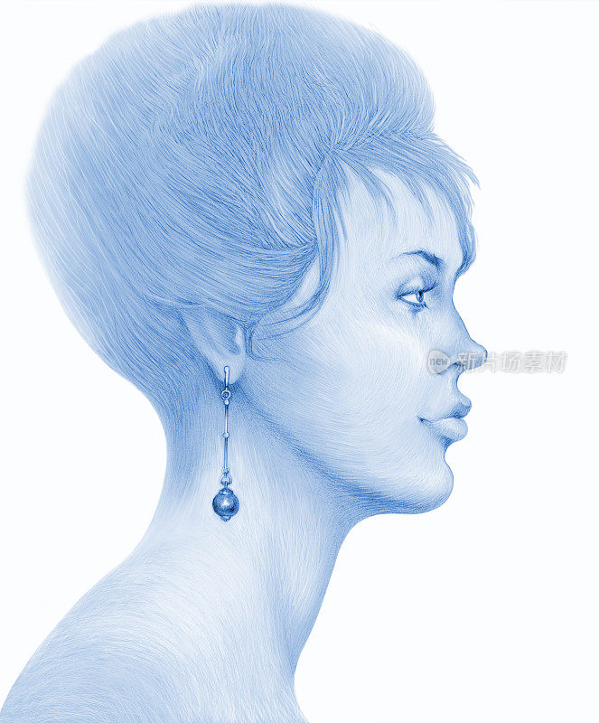 插图铅笔画肖像侧面与长头发光滑的发型的女人珍珠耳环在白色的背景