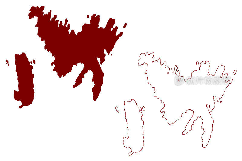 南哈夫拉岛(大不列颠及北爱尔兰联合王国、苏格兰、设得兰群岛)地图矢量插图，海维拉岛或哈弗雷岛草图