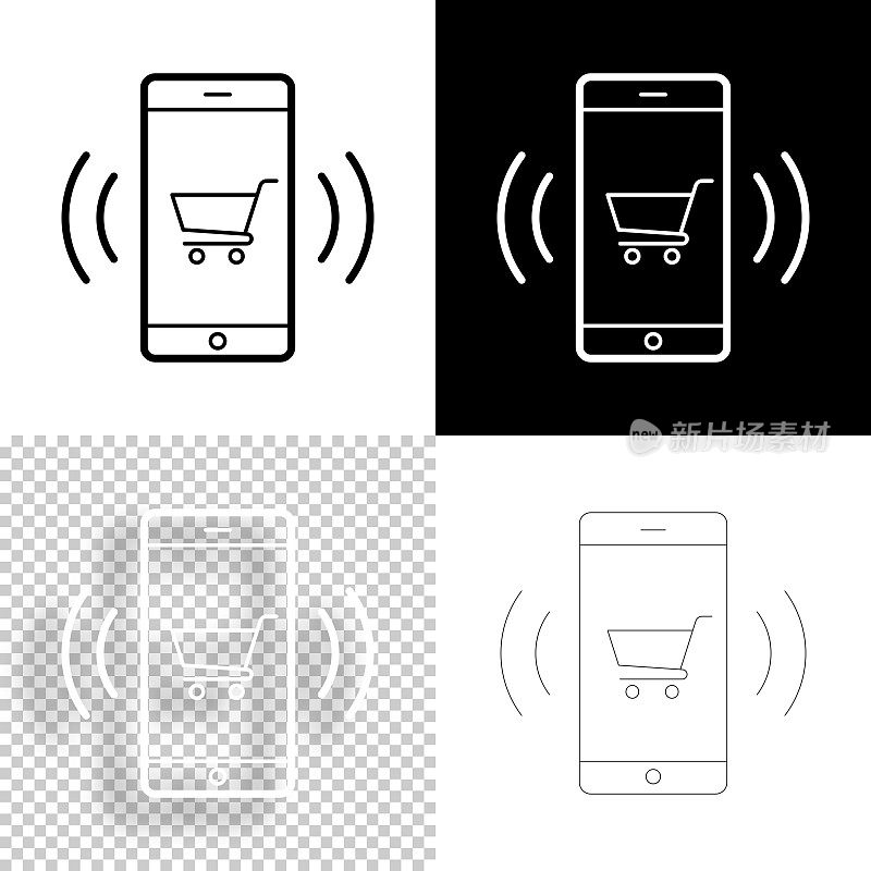 用智能手机在线购物。图标设计。空白，白色和黑色背景-线图标