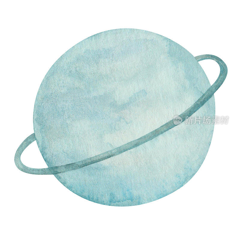 水彩插图手绘水蓝色行星与环天王星。太空和外太空。太阳系的地外天体