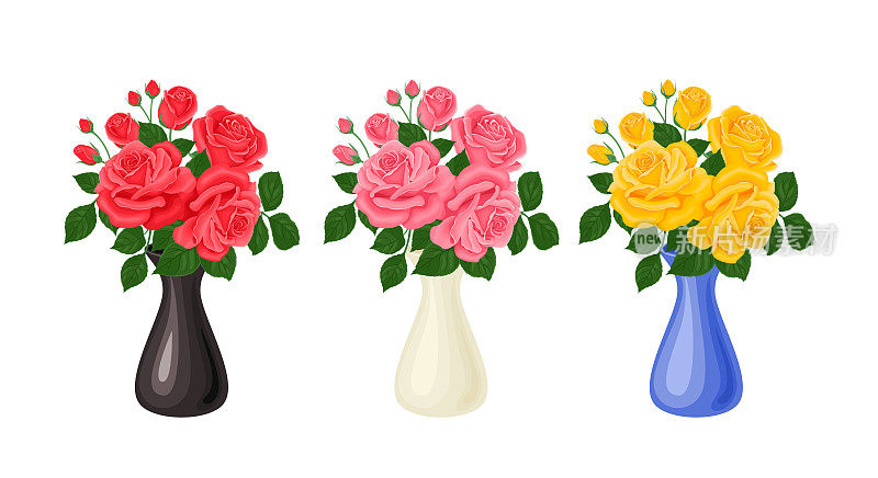 玫瑰花束固定在一起。美丽的红色，黄色和粉红色玫瑰花在花瓶孤立在白色背景。矢量插图在卡通平面风格。