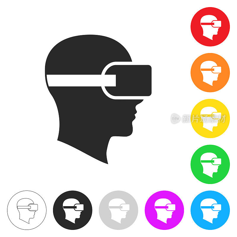 头戴VR虚拟现实头盔。彩色按钮上的图标