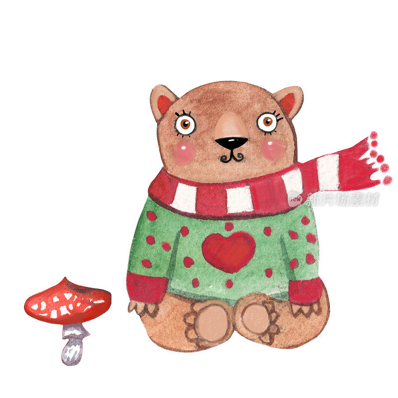 可爱的水彩小熊毛衣插图与心形插图和蘑菇。