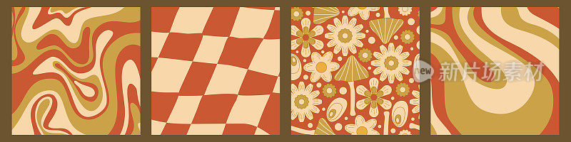 Groovy千年虫的复古背景花，棋盘和漩涡70年代的背景。雏菊花的设计。抽象时髦的彩色印花。向量图形说明。的打印。迷幻的壁纸