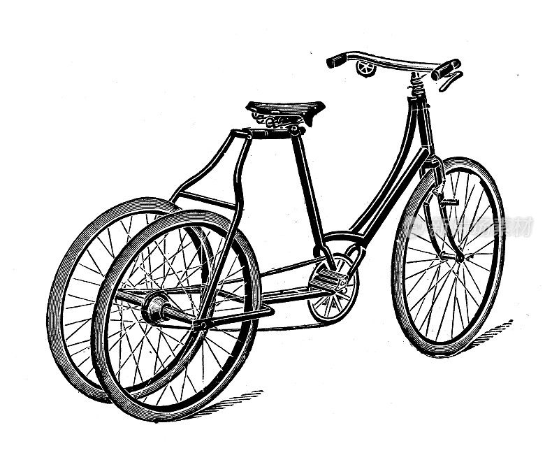 古董插图:交通工具的发明，多辆自行车