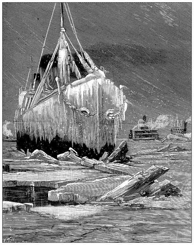 古董插图:暴风雪在纽约码头