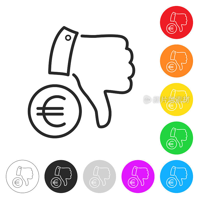 欧元硬币，大拇指朝下。彩色按钮上的图标
