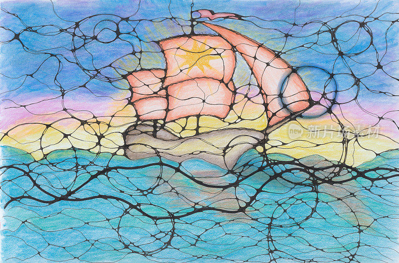 抽象的船与帆充满风在波浪的大海，神经艺术图形概念圈和线，马克笔和铅笔绘图。