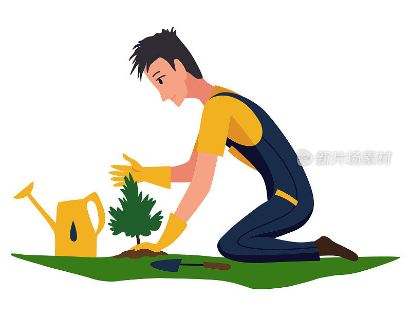 专业园丁用铲子在花园里挖洞。人们把幼苗埋在地里种植树木。专业园丁给坑施肥。工人穿制服