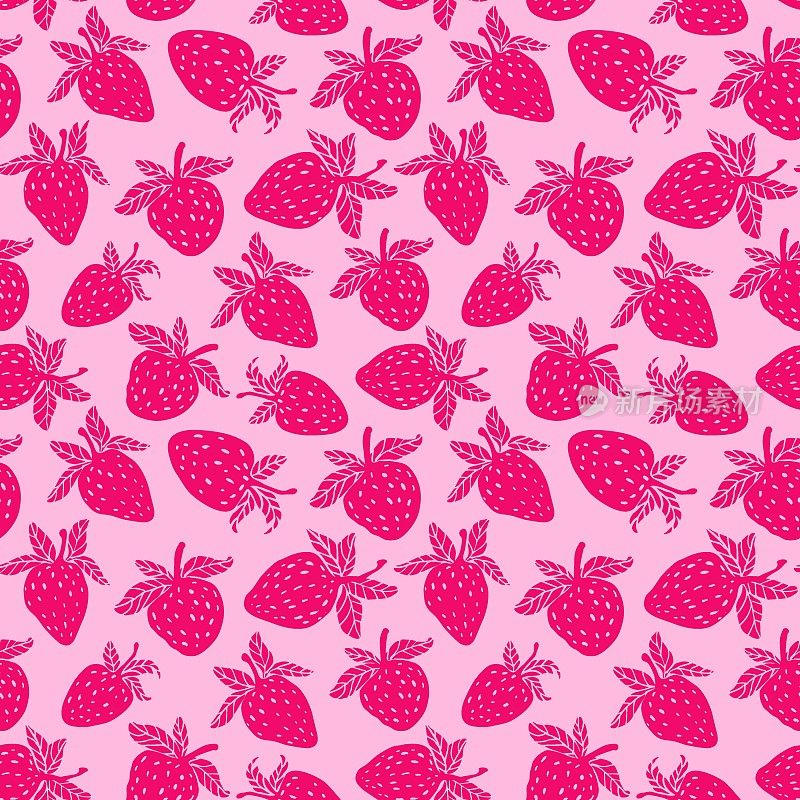 用草莓叶无缝图案作纺织印花、卡片、图案。扁平风格草莓图案。草莓水果图案与无缝背景插图。