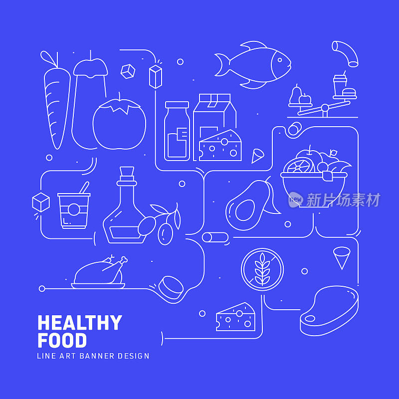 健康食品相关线条风格横幅设计网页，标题，小册子，年度报告和书籍封面