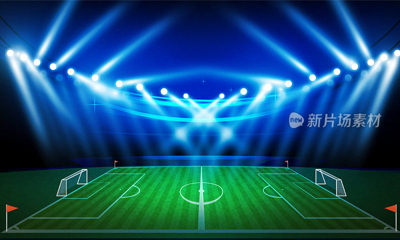足球赛场用明亮的体育场灯光矢量设计。