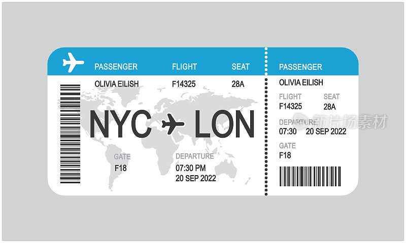 现实的机票设计与航班时间和乘客的名字，矢量，插图。